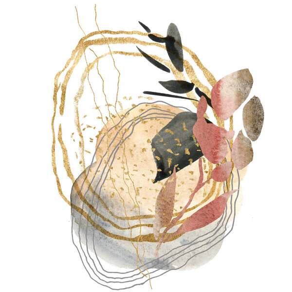 Акварель цветочная карта абстрактных золотых пятен и цветов. Ручная раскрашенная минималистическая иллюстрация на белом фоне. Для дизайна, печати, ткани или фона.