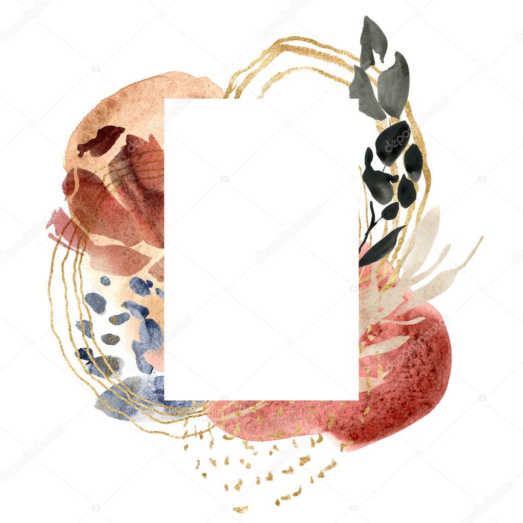 Watercolor floral frame of abstract flowers and gold spots. Hand painted minimalistic illustration isolated on white background. For design, print, fabric or background.