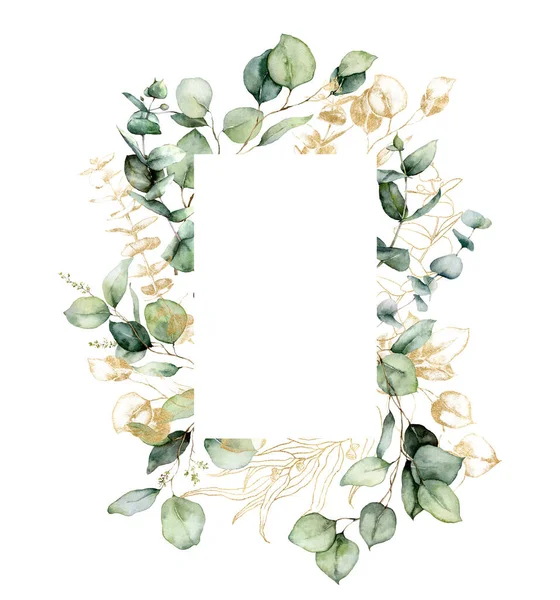 Marco de oro vertical acuarela de ramas de eucalipto, semillas y hojas. Tarjeta pintada a mano de plantas aisladas sobre fondo blanco. Ilustración floral para diseño, impresión, tela o fondo. — Foto de Stock