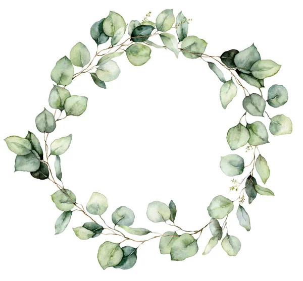Akvarellkrans av eukalyptusgrenar, frön och blad. Handmålade silver dollar eukalyptus isolerad på vit bakgrund. Blommig illustration för design, tryck, tyg eller bakgrund. — Stockfoto
