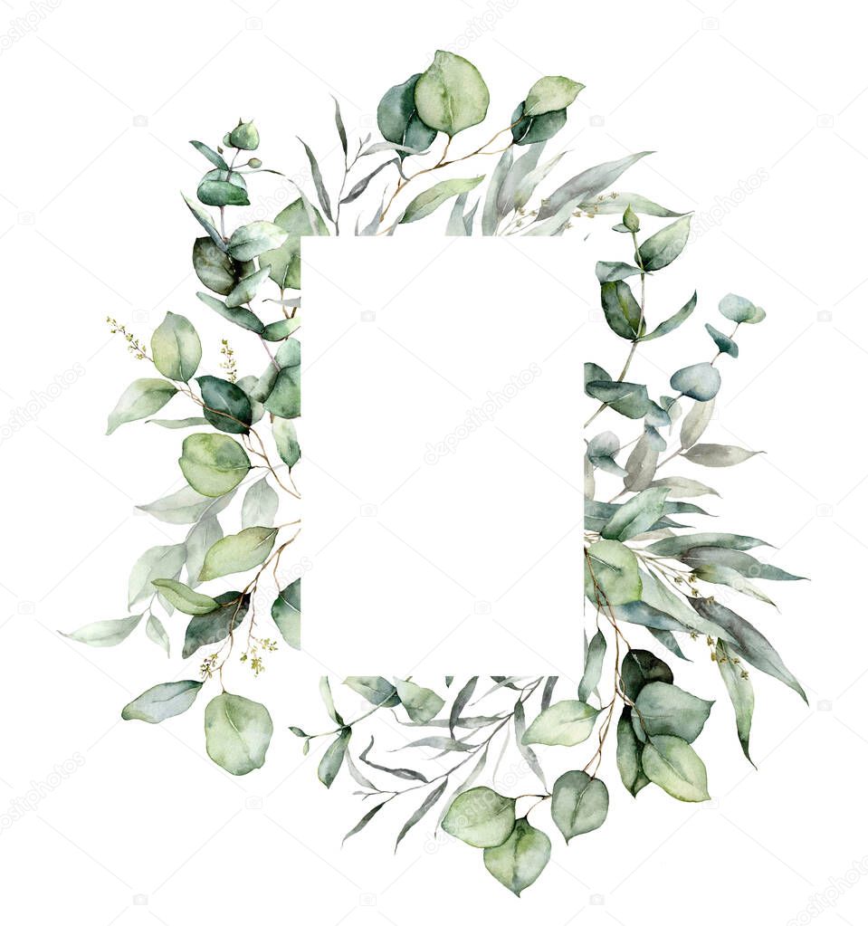 Watercolor vertical frame of eucalyptus branches, seeds and leaves. Hand painted card of silver dollar plants isolated on white background. Floral illustration for design, print, fabric or background.