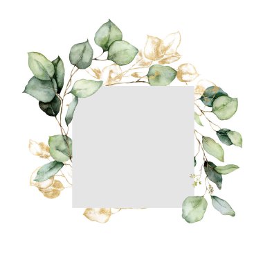 Altın okaliptüs dalları, tohumlar ve yapraklardan oluşan suluboya çerçeve. Beyaz arka planda izole edilmiş gümüş dolarlık bitkilerin elle boyanmış kartı. Tasarım, baskı, kumaş veya arkaplan çizimi.