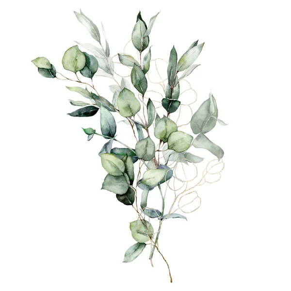 Tarjeta acuarela de ramas lineales de eucalipto, semillas y hojas. Ramo de oro pintado a mano aislado sobre fondo blanco. Ilustración floral para diseño, impresión o fondo. — Foto de Stock