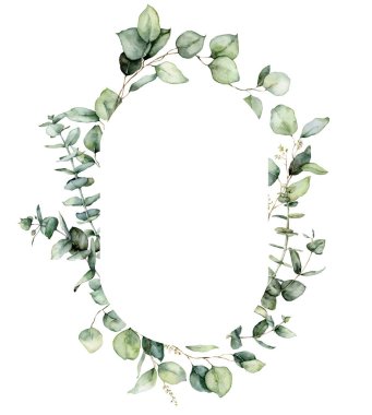 Okaliptüs dalları, tohumlar ve yapraklardan oluşan suluboya oval çerçeve. Beyaz arka planda izole edilmiş gümüş dolarlık bitkilerin elle boyanmış kartı. Tasarım, baskı, kumaş veya arkaplan için çiçek çizimi.