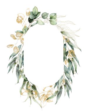 Altın okaliptüs dalları, tohumlar ve doğrusal yapraklardan oluşan suluboya oval çerçeve. Beyaz arka planda izole edilmiş elle boyanmış bitkilerin kartı. Tasarım, baskı, kumaş veya arkaplan için çiçek çizimi.