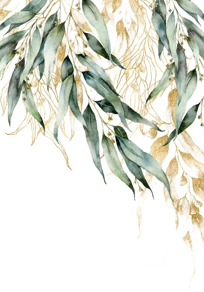 Borde acuarela de ramas de eucalipto dorado, semillas y hojas lineales. Tarjeta pintada a mano de plantas aisladas sobre fondo blanco. Ilustración floral para diseño, impresión, tela o fondo. — Foto de Stock