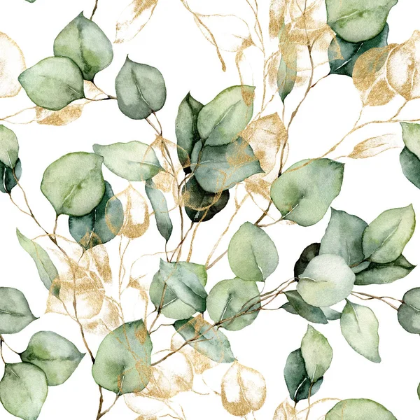 Patrón sin costura de acuarela de ramas de eucalipto de oro, semillas y hojas. Plantas tropicales pintadas a mano aisladas sobre fondo blanco. Ilustración floral para diseño, impresión, tela o fondo. — Foto de Stock