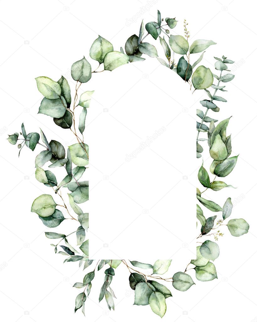 Watercolor oval frame of eucalyptus leaves, branches and seeds. Hand painted card of silver dollar plants isolated on white background. Floral illustration for design, print, fabric or background.