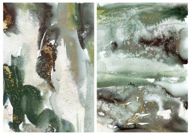 Altın ve yeşil benekli suluboya okyanus soyut dokusu. Elle boyanmış deniz, okyanus ya da nehir arka planı. Tasarım, baskı, kumaş veya arkaplan için Sucul illüstrasyonu.