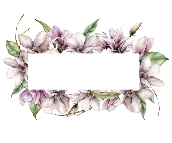 Akvarel vandret ramme med magnolier, blade og knopper. Håndmalet blomsterkant med blomster isoleret på hvid baggrund. Ferie foråret illustration til design, print, stof eller baggrund. - Stock-foto