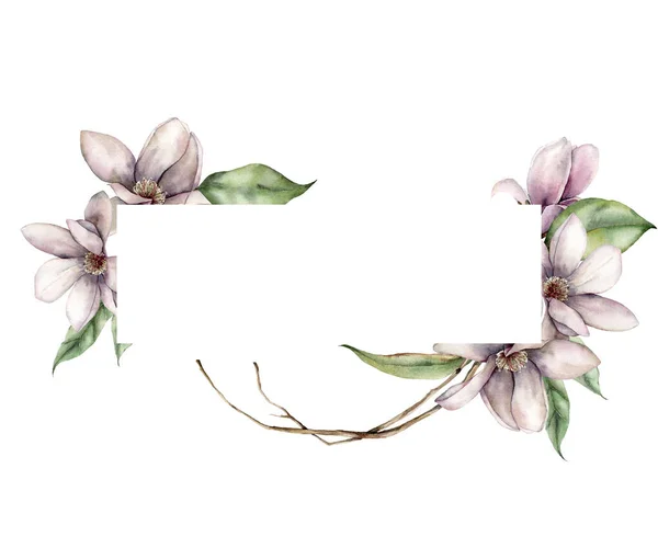 Akvarell keret magnóliákkal, levelekkel és száraz ágakkal. Kézzel festett virágos szegély fehér alapon elszigetelt virágokkal. Nyaralás tavaszi illusztráció tervezés, nyomtatás, szövet vagy háttér. — Stock Fotó