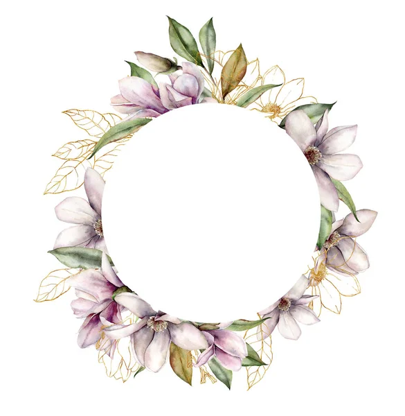 Watercolor magnolias round wreath of gold flowers and leaves. Hand painted floral frame of linear plants isolated on white background. Spring illustration for design, print, fabric or background. — Stock Photo, Image