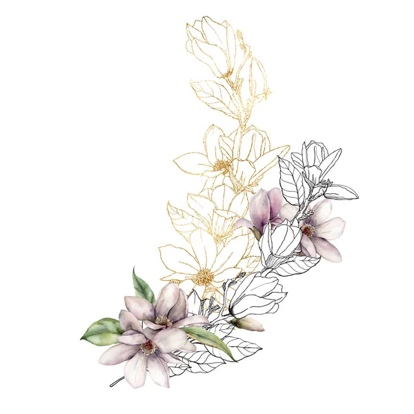Akwarelowy bukiet magnolii ze złota i czarnych kwiatów i liści. Ręcznie malowane kwiatowe karty kwiatów izolowane na białym tle. Ilustracja sztuki linii sprężyny do projektowania, drukowania lub tła. — Zdjęcie stockowe