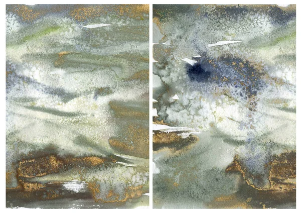 水彩画海洋抽象纹理与黄金,绿色和蓝色斑点.手绘海、海、河背景.水彩画,用于设计,印刷,织物或背景. — 图库照片