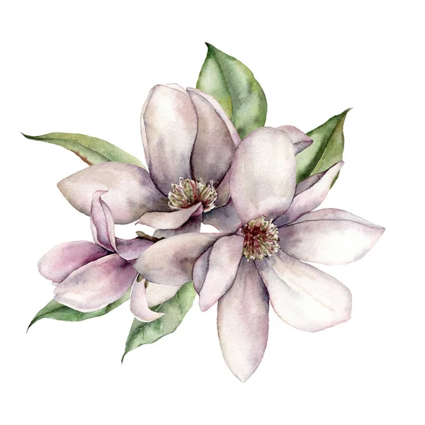 Aquarell florales Bouquet von Magnolien, Blättern und Knospen. Handbemalte Blumen isoliert auf weißem Hintergrund. Frühlingsillustration für Design, Druck, Stoff oder Hintergrund. — Stockfoto