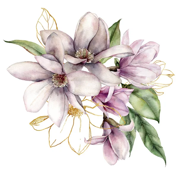 Bouquet floral aquarelle de magnolias linéaires, feuilles et bourgeons dorés. Fleurs peintes à la main isolées sur fond blanc. Illustration printemps vacances pour le design, l'impression, le tissu ou le fond. — Photo