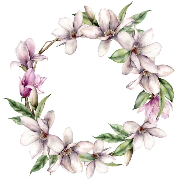 Akvarell magnóliák kerek koszorú virágok és levelek. Kézzel festett virágos keret növények elszigetelt fehér háttér. Tavaszi illusztráció tervezés, nyomtatás, szövet vagy háttér. — Stock Fotó
