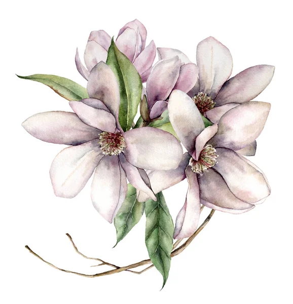 Aquarel bloemen boeket van magnolia 's, bladeren en droge takken. Met de hand geschilderde bloemen en planten geïsoleerd op witte achtergrond. Vakantie voorjaar illustratie voor ontwerp, print, stof of achtergrond. — Stockfoto