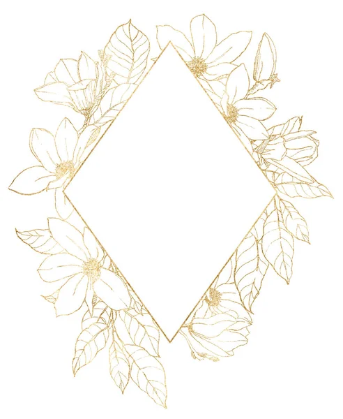 Watercolor rhombic frame of gold linear magnolias. Hand painted floral border of flowers, leaves and branches isolated on white background. Spring illustration for design, print, fabric or background. — Stock Photo, Image