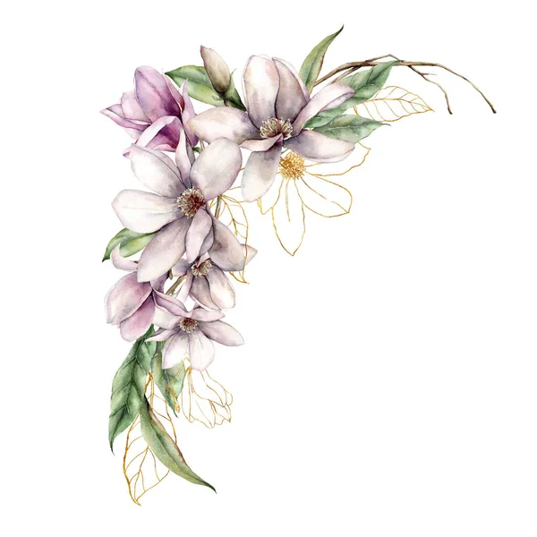 Bouquet floreale acquerello di magnolie lineari, foglie d'oro e rami secchi. Fiori dipinti a mano isolati su sfondo bianco. Illustrazione primaverile per design, stampa, tessuto o sfondo. — Foto Stock