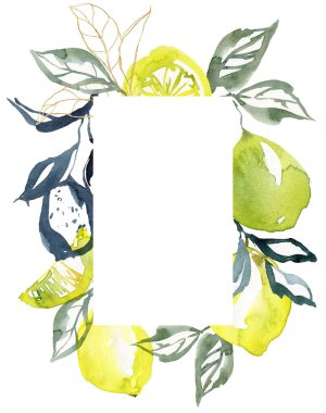 Olgun limon, altın ve yapraklardan oluşan suluboya çerçeve. Beyaz arka planda izole edilmiş doğrusal meyvelerin el boyası tropikal sınırı. Tasarım, baskı, kumaş veya arkaplan için lezzetli besin çizimi.