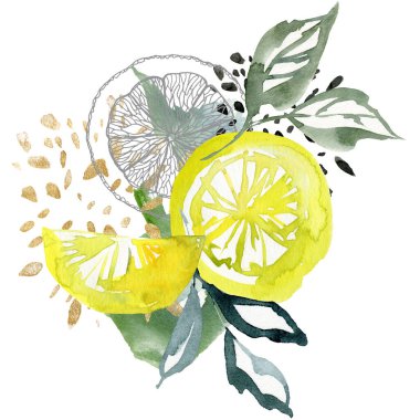 Soyut limonlar ve doğrusal dilimlerden oluşan suluboya tropikal kart. Beyaz arka planda izole edilmiş taze meyve ve yaprakların elle boyanmış bileşimi. Tasarım, baskı veya arkaplan için lezzetli besin çizimi.