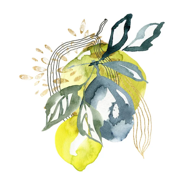Aquarell abstrakte Karte von linearen Zitronen und Blattgold. Handgemalte tropische Komposition aus Früchten und Blättern isoliert auf weißem Hintergrund. Illustration von Lebensmitteln für Design, Druck oder Hintergrund. — Stockfoto