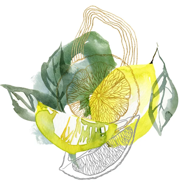 Carte tropicale aquarelle de citrons abstraits et de tranches linéaires. Composition peinte à la main de fruits frais et feuilles isolées sur fond blanc. Illustration alimentaire savoureuse pour la conception, l'impression, le fond. — Photo