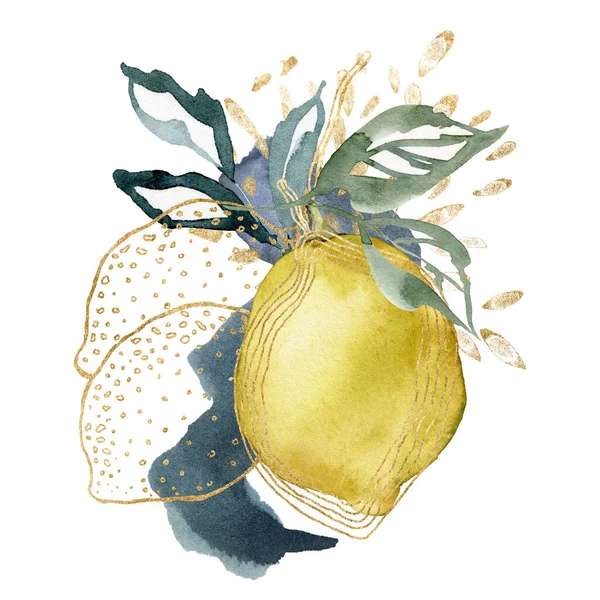 Akvarell kártya absztrakt citromból és lineáris szeletekből. Kézzel festett összetétele friss gyümölcsök és levelek elszigetelt fehér alapon. Ízletes élelmiszer illusztráció tervezés, nyomtatás, háttér. — Stock Fotó