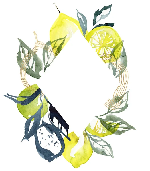 Acuarela abstracta rombica marco de limones de oro y hojas lineales. Borde tropical pintado a mano de frutas aisladas sobre fondo blanco. Ilustración de alimentos para diseño, impresión, tela o fondo. — Foto de Stock