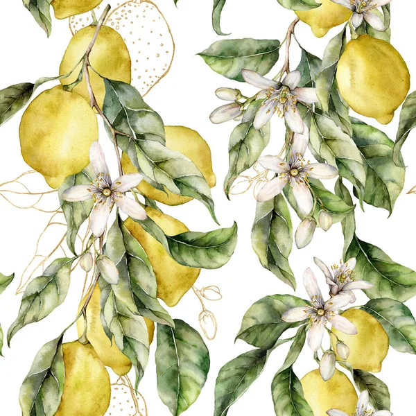 Patrón sin costuras de acuarela de limones maduros, hojas de oro y flores lineales. Frutos frescos pintados a mano aislados sobre fondo blanco. Sabrosa ilustración de alimentos para el diseño, impresión, tela o fondo. — Foto de Stock
