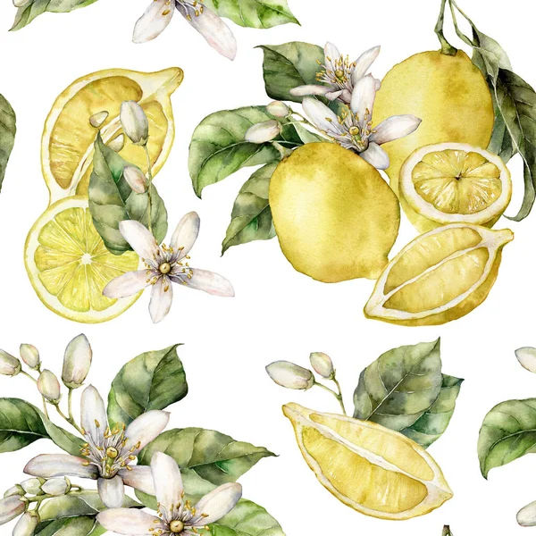 Akvarell sömlös mönster av gröna blad, blommande blommor och mogna citroner. Handmålade färska frukter isolerade på vit bakgrund. Smaklig mat illustration för design, tryck, tyg eller bakgrund. — Stockfoto