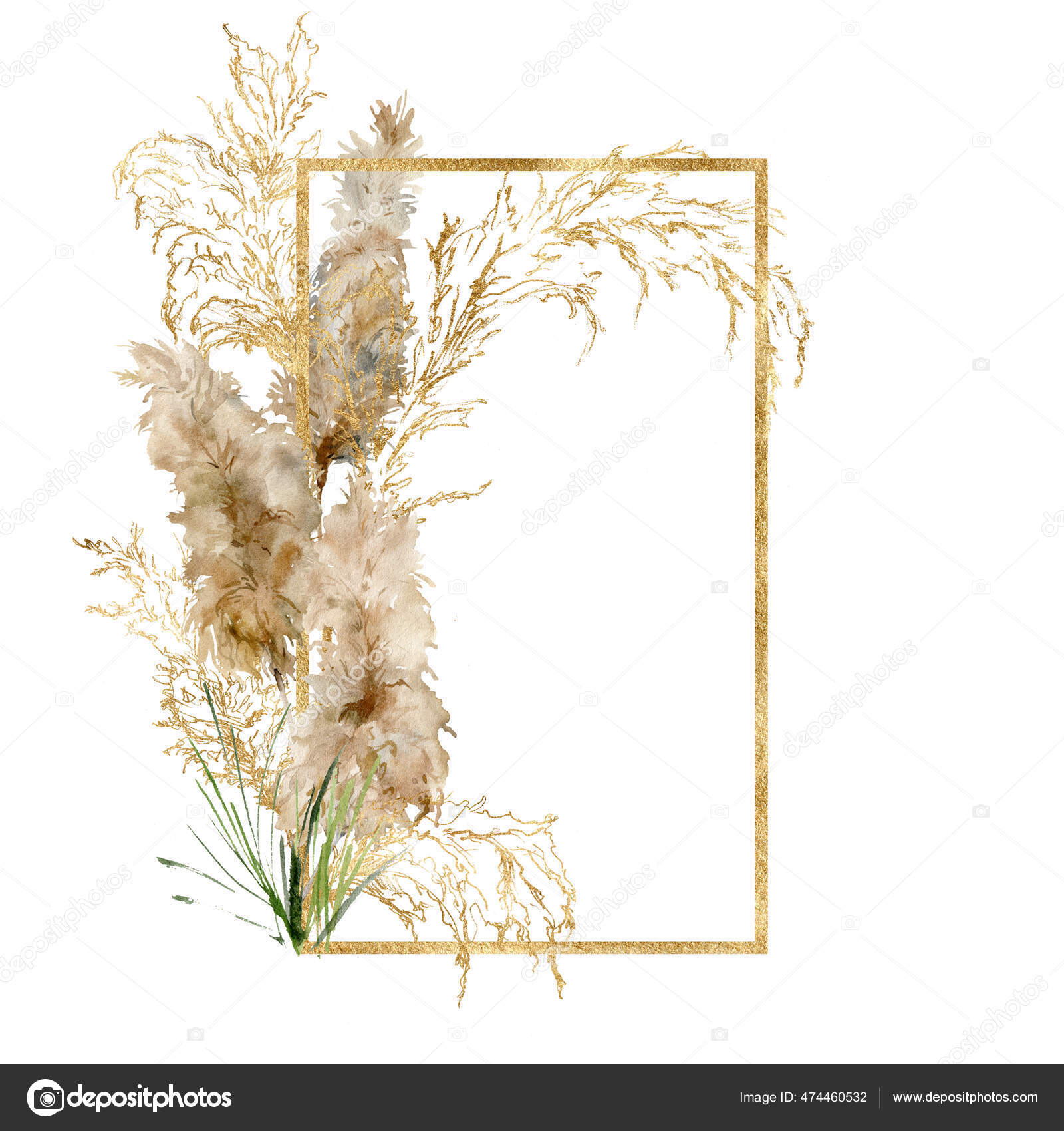 Watercolor gold frame of tropical pampas grass. Hand painted border of  exotic dry plant isolated on white background. Floral illustration for  design, print, fabric or background. Stock Illustration by ©Derbisheva  #474460532