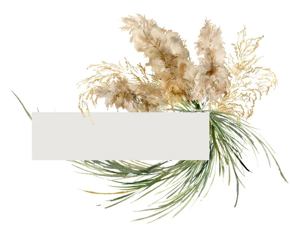Watercolor tropical frame of gold and green pampas grass. Hand painted border of exotic dry plant isolated on white background. Floral illustration for design, print, fabric or background.