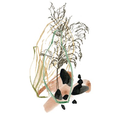 Kalem vazoları ve doğrusal pampa otlarının suluboya kompozisyonu. Beyaz arka planda izole edilmiş bitkinin el yapımı doğrusal kartı. Tasarım, baskı, kumaş veya arkaplan için çiçek çizimi.