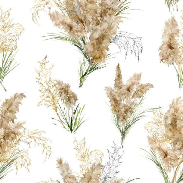 Akvarel lineární bezešvný vzor zelené, černé a zlaté pampy trávy. Ručně malované exotické suché rostliny izolované na bílém pozadí. Květinová ilustrace pro design, tisk, tkaniny nebo pozadí. — Stock fotografie