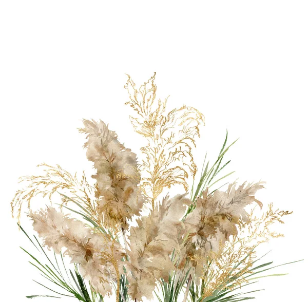 Watercolor tropical bouquet of green and gold linear pampas grass. Hand painted exotic card of dry plant isolated on white background. Floral illustration for design, print, fabric or background.