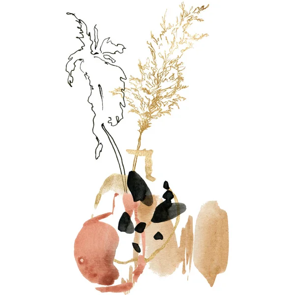 Acuarela composición abstracta de oro y hierba pampa negro con jarrón abstracto. Tarjeta lineal pintada a mano de planta aislada sobre fondo blanco. Ilustración floral para diseño, impresión o fondo. —  Fotos de Stock