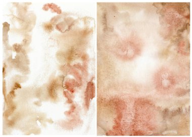 Bej, kırmızı ve pembe benekli suluboya arkaplan. Beyaz arkaplanda el yapımı pastel çizimler var. Tasarım, baskı, kumaş veya arkaplan için.