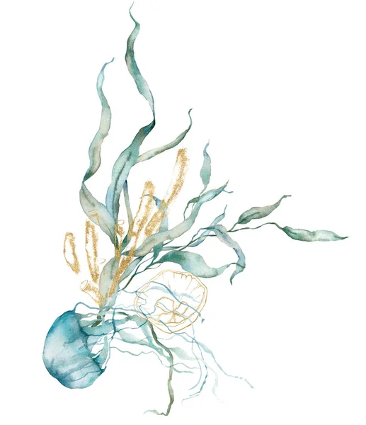 Carte tropicale aquarelle de méduses, coquille linéaire et coraux dorés. Animaux et plantes sous-marins isolés sur fond blanc. Illustration aquatique pour la conception, l'impression ou le fond. — Photo