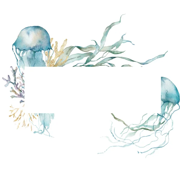 Aquarelle cadre sous-marin de méduses, laminaires linéaires et coraux d'or. Animaux tropicaux et plantes isolés sur fond blanc. Illustration aquatique pour la conception, l'impression ou le fond. — Photo