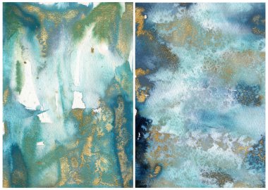 Suluboya okyanus soyut dokusu mavi, beyaz ve altın rengi. El boyaması deniz ya da okyanus arka planı. Tasarım, yazdırma veya arkaplan için Sucul illüstrasyonu.