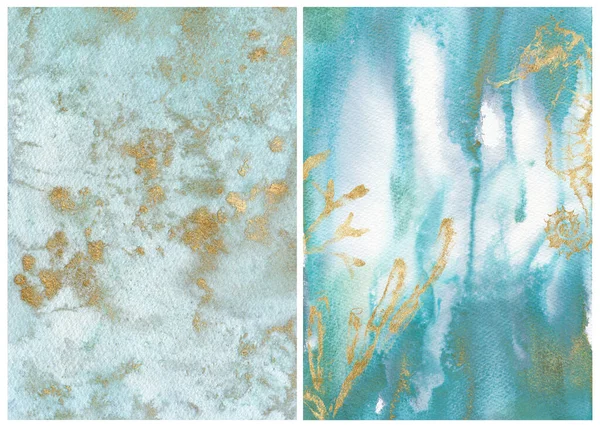Aquarel oceaan abstracte textuur met blauw, goud en wit. Handgeschilderde zee of oceaan achtergrond. Aquatische illustratie voor ontwerp, druk of achtergrond. — Stockfoto