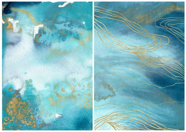Aquarell Ozean lineare Textur mit blau, weiß und gold. Handgemalter abstrakter Meeres- oder Ozeanhintergrund. Aquatische Illustration für Design, Druck oder Hintergrund. — Stockfoto