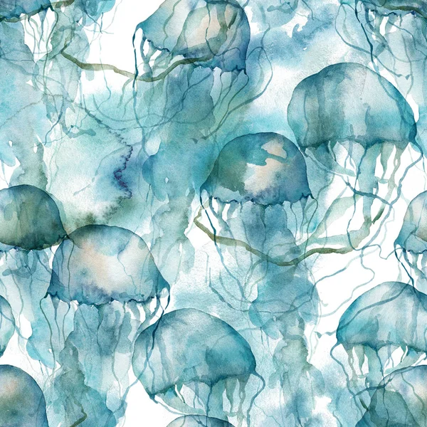 Watercolor tropical seamless pattern of blue jellyfish. Underwater animals isolated on white background. Aquatic illustration for design, print or background. — Stock Photo, Image