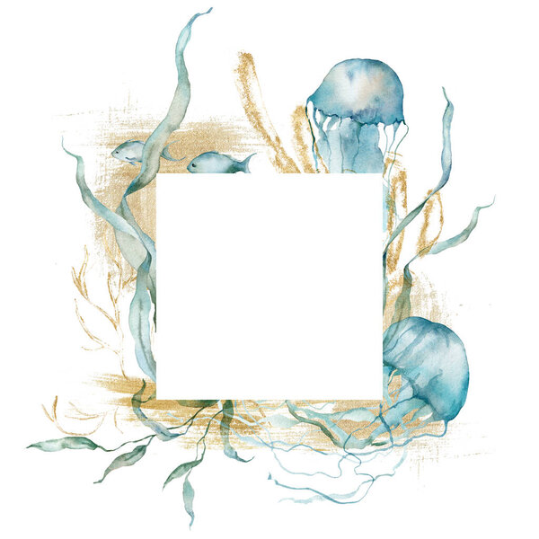 Watercolor abstract frame of jellyfish, gold laminaria and fish. Underwater animals and plant isolated on white background. Aquatic illustration for design, print or background.