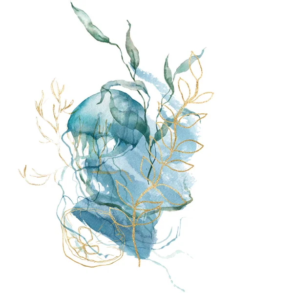Akvarell abstrakt kort av skal, maneter, linjär laminaria och guld koraller. Undervattensdjur och växt isolerad på vit bakgrund. Akvatisk illustration för design, tryck eller bakgrund. — Stockfoto