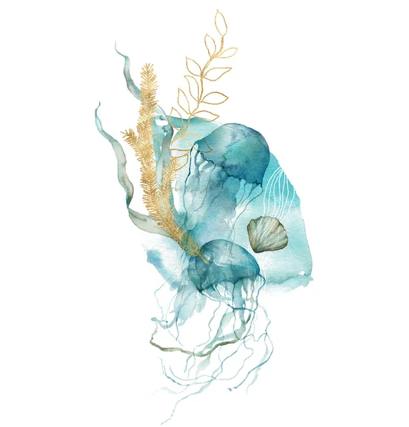 貝、クラゲ、線形および金ラミナリアの水彩抽象カード。水中動物や植物は白い背景に隔離されています。デザイン、印刷または背景のための水性イラスト. — ストック写真