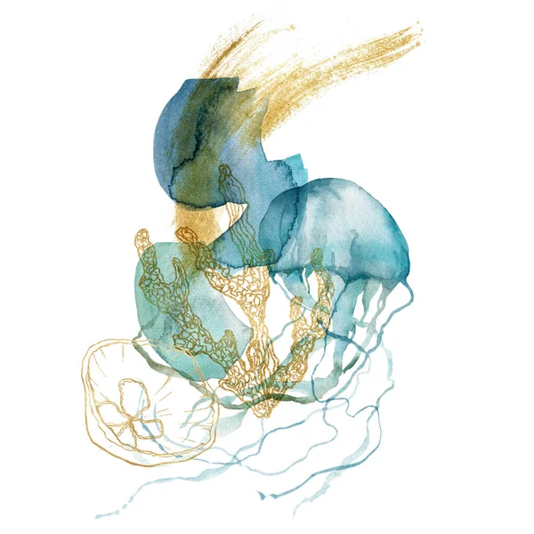 Carte abstraite aquarelle de coquille linéaire, méduses et corail doré. Animaux et plantes sous-marins isolés sur fond blanc. Illustration aquatique pour la conception, l'impression ou le fond. — Photo