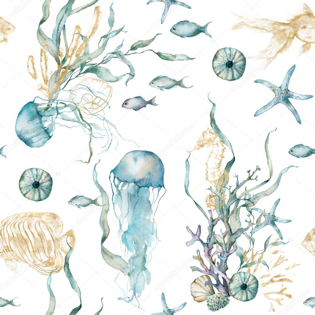 Watercolor underwater seamless pattern of gold fish, seahorse, laminaria and coral. Underwater animals and plant isolated on white background. Aquatic illustration for design, print or background.